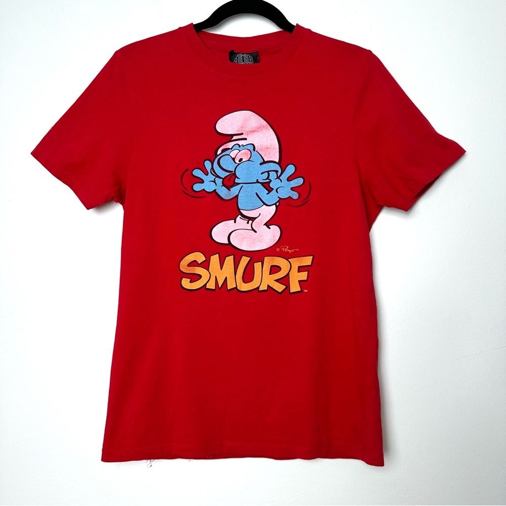 Vintage Take Cover Smurfs Distressed Short Sleeve Cotton T-Shirt